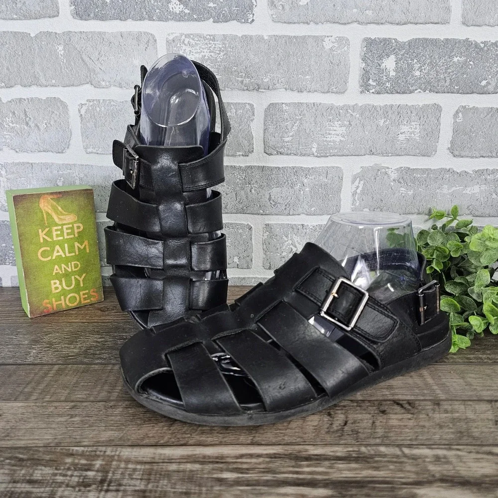 Men's Vionic Gil Leather‎ Fisherman Sandals Black Comfort Shoes US 9 EU 42